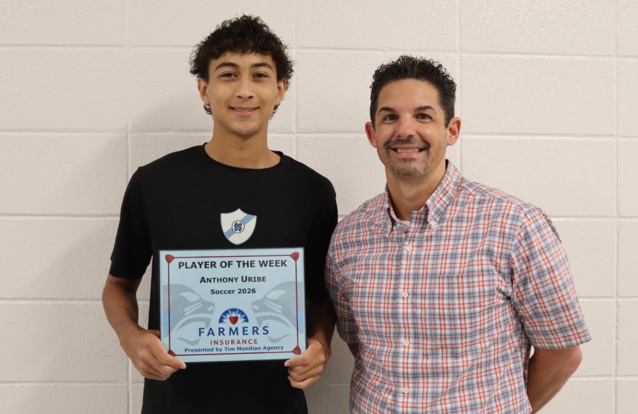 Head coach Aaron Buck and Farmers Insurance recognize junior soccer player Anthony Uribe as the seventh Player of the Week for the spring season. Buck chose Uribe for being positive and being open and flexible to different positions. 