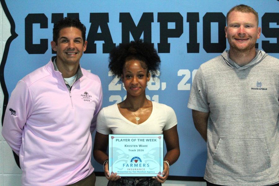 Tim Monihan and Farmers Insurance recognize sophomore sprinter Kristen Ware as the ninth Player of the Week for the spring sports season. Head coach Brandon Frey selected Ware for her willingness to fulfill team needs and compete in extra events.
