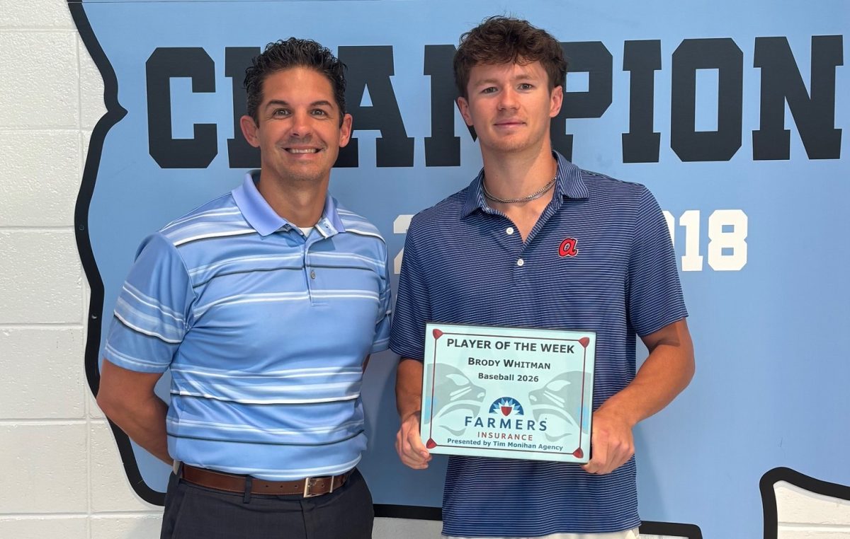 Tim Monihan and Farmers Insurance recognize senior baseball player Brody Whitman as the 13th Player of the Week for the spring sports season. Head coach Brent Moseley chose him for the energy that he brings to each practice and game.